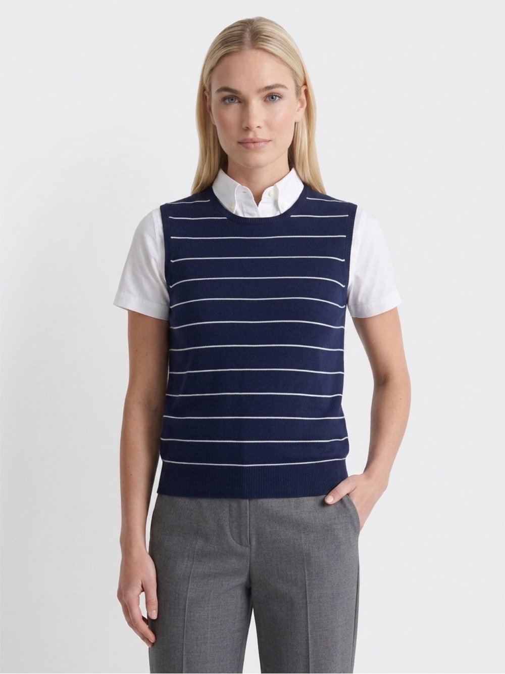 Sleeveless Navy Striped Knit sweater vest silk blend Vintage Nautical‎ Preppy